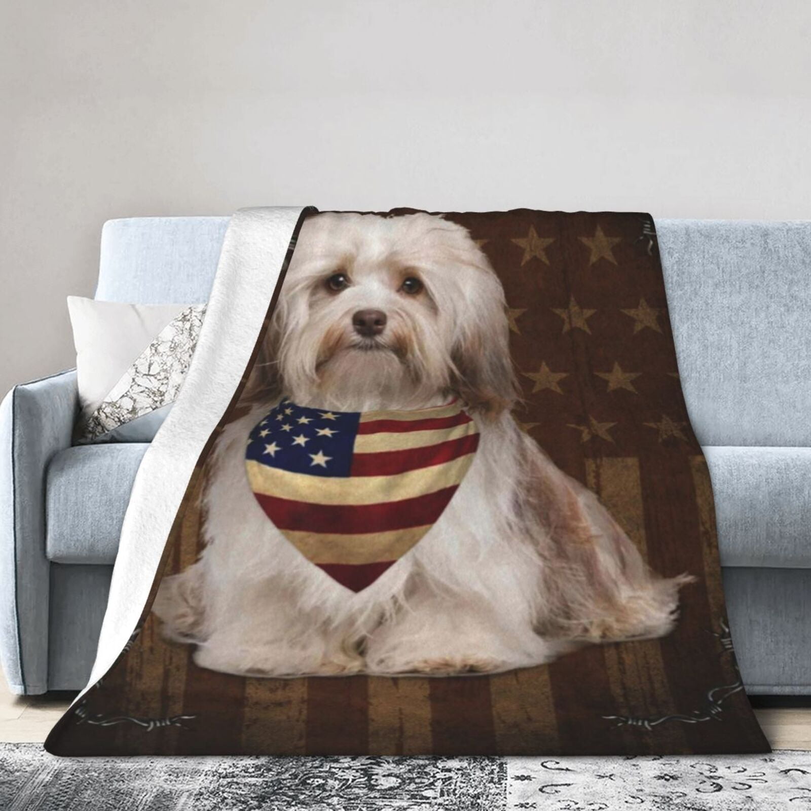 Wijzvio Havanese Dog With Vintage American Flag Throw Blanket Soft Fuzzy Fleece Blanket For Couch Bed Living Room Decoration 60"X50"