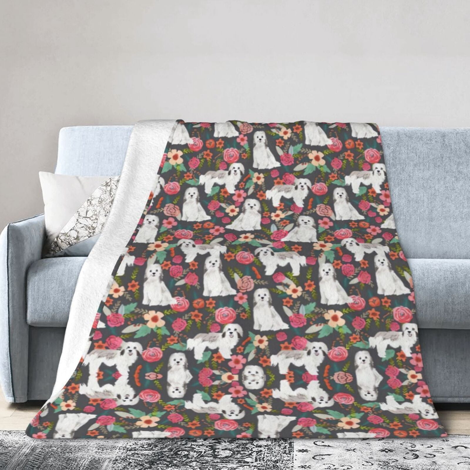 Wijzvio Havanese Dogs Lovers Pink Rose Flower Floral Throw Blanket Soft Fuzzy Fleece Blanket For Couch Bed Living Room Decoration 80"X60"