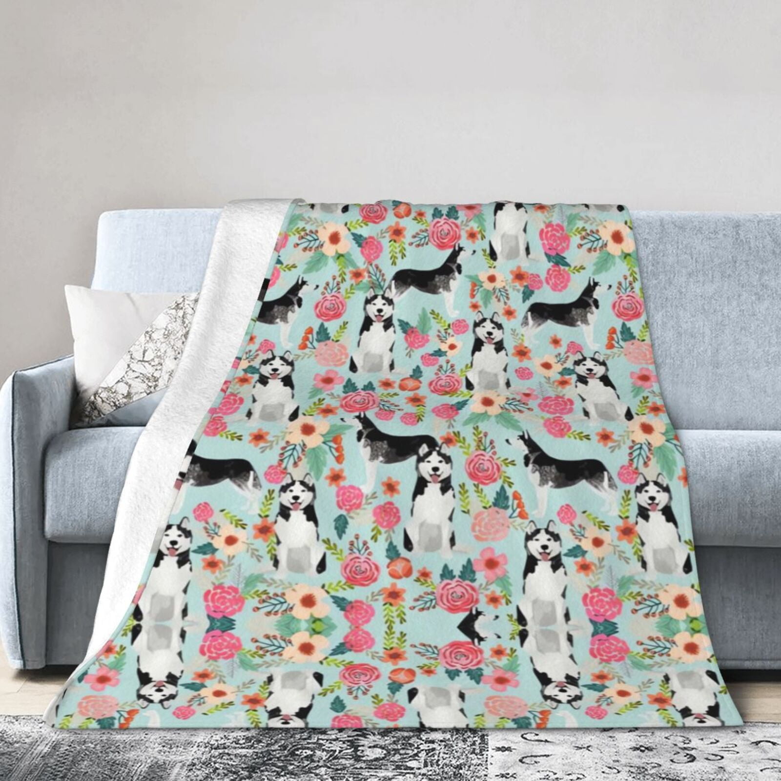 Wijzvio Husky Dogs Puppy Flower Floral Throw Blanket Soft Fuzzy Fleece Blanket For Couch Bed Living Room Decoration 50"X40"