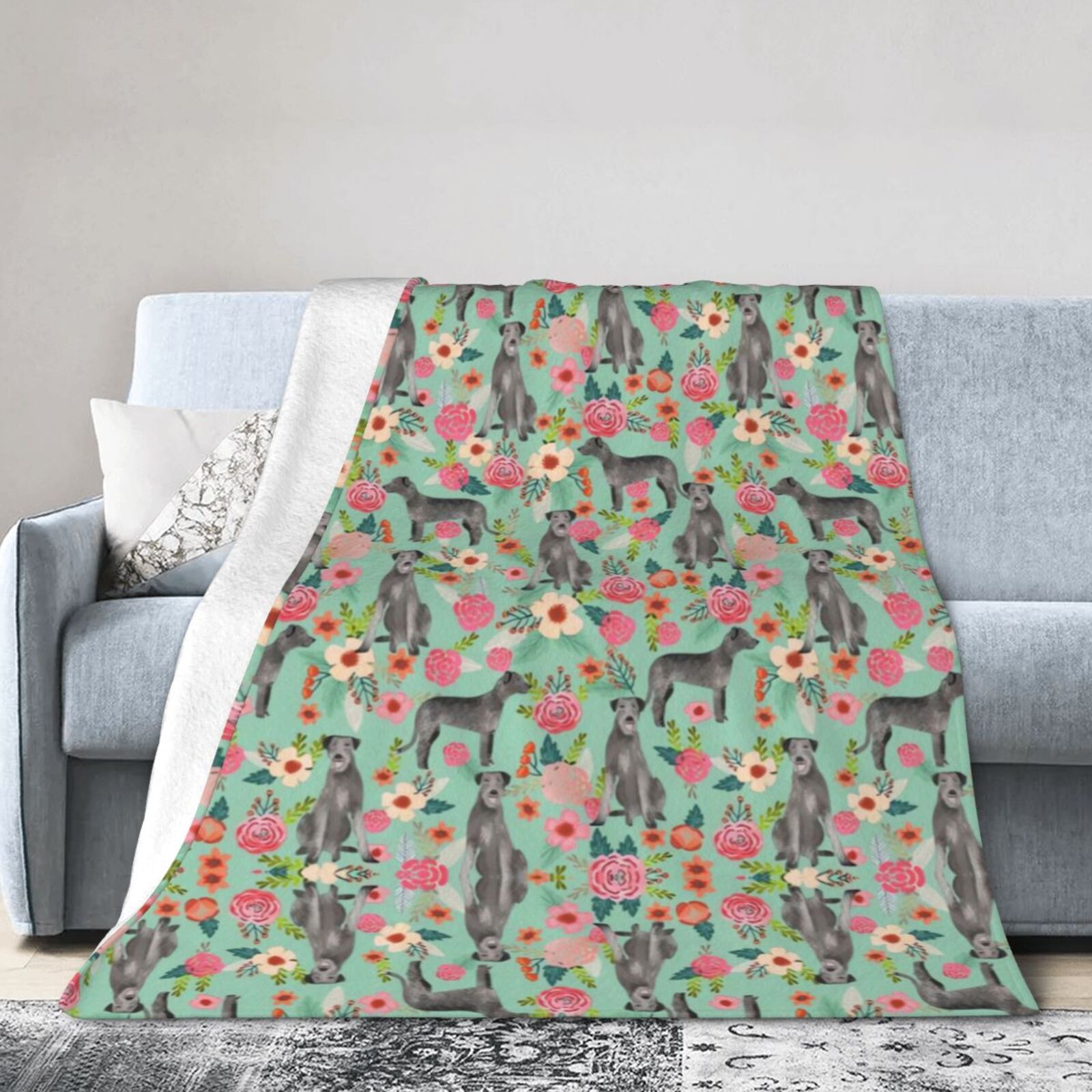 Wijzvio Irish Wolfhound Floral Dog Throw Blanket Soft Fuzzy Fleece Blanket For Couch Bed Living Room Decoration 60"X50"