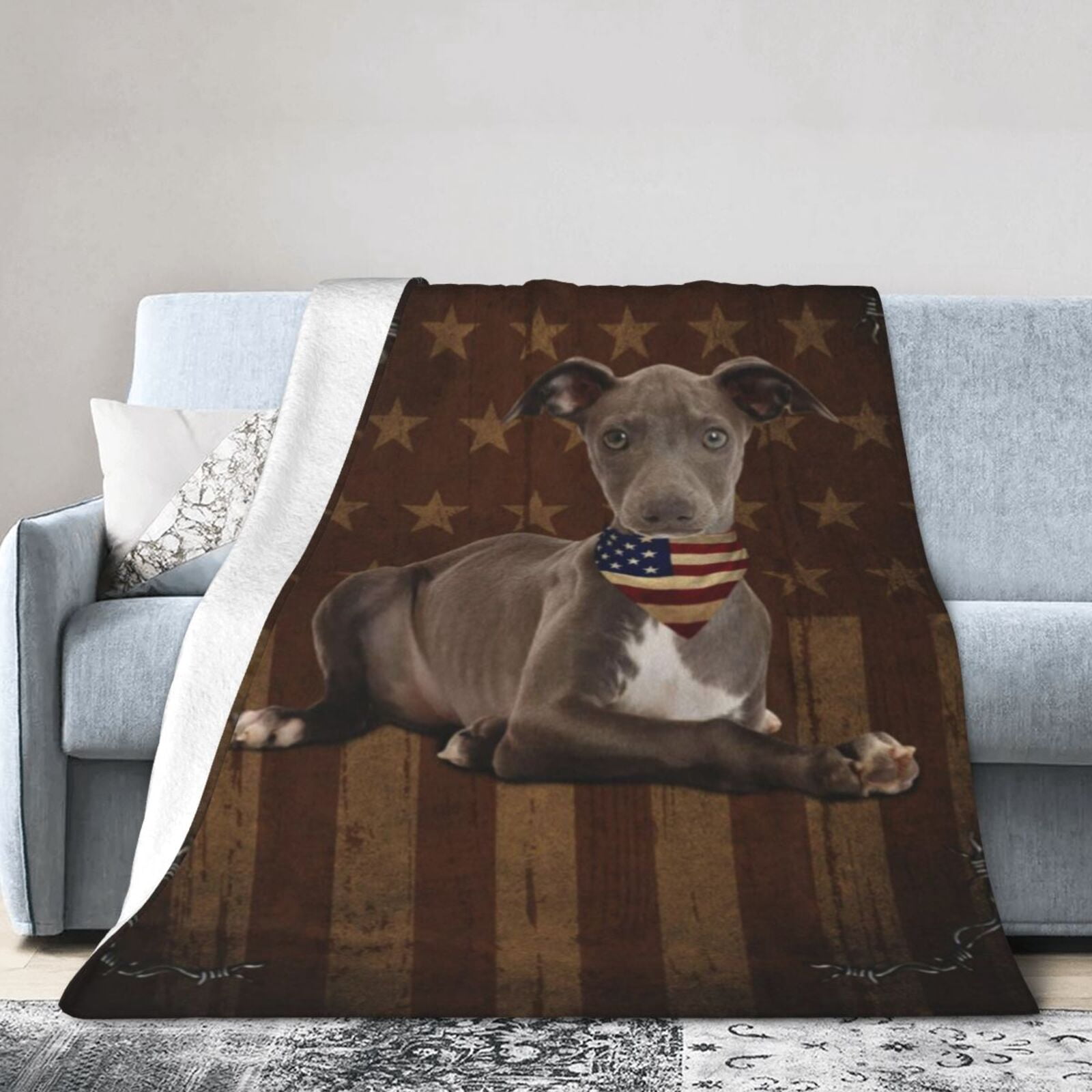 Wijzvio Italian Greyhound Dog With Vintage American Flag Throw Blanket Soft Fuzzy Fleece Blanket For Couch Bed Living Room Decoration 50"X40"