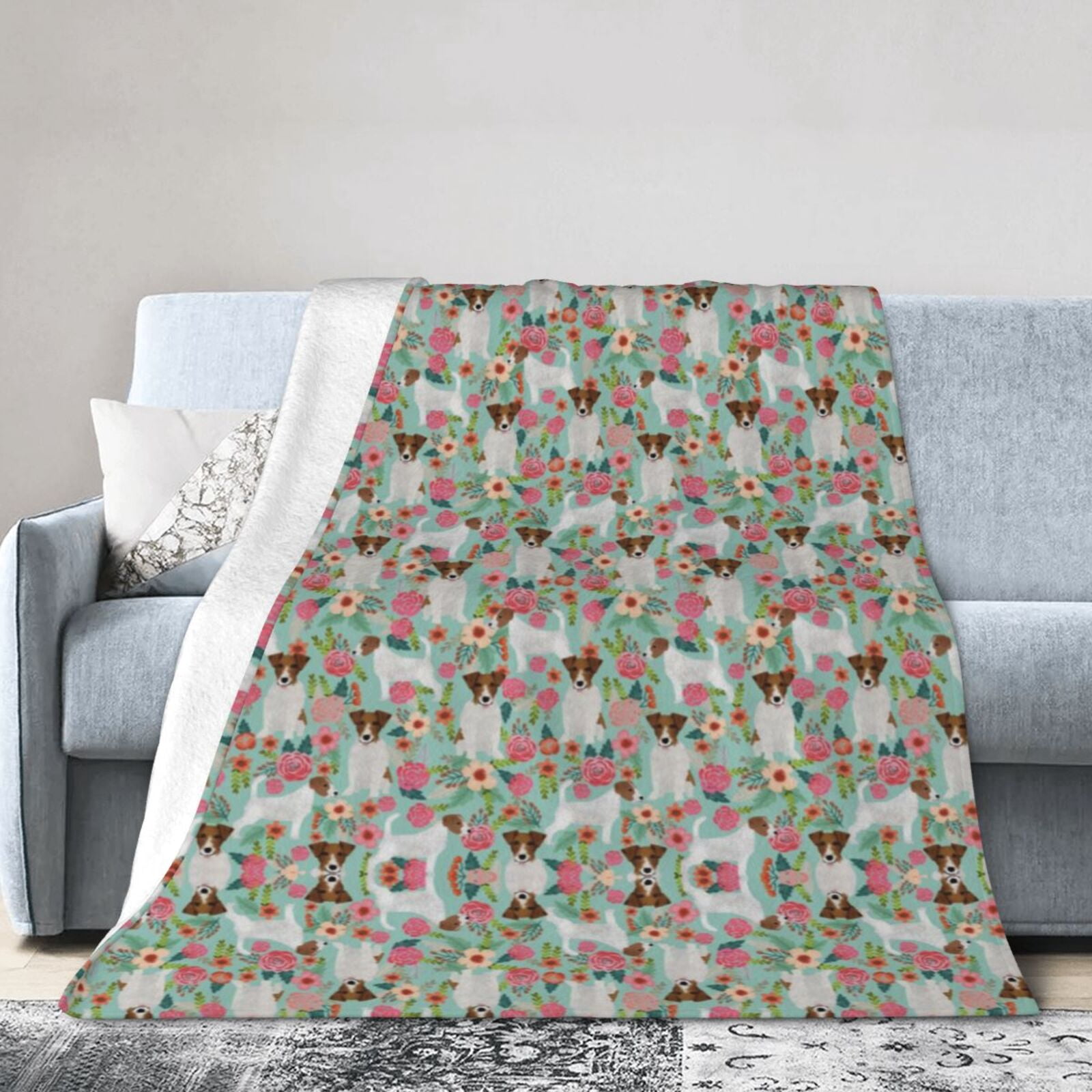 Wijzvio Jack Russell Terrier Dogs Rose Flower Floral Throw Blanket Soft Fuzzy Fleece Blanket For Couch Bed Living Room Decoration 50"X40"