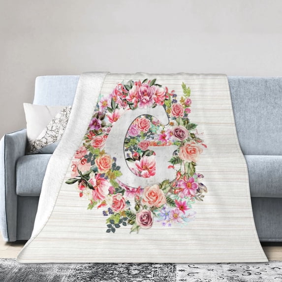 Wijzvio Letter G Flower Graphic Throw Blanket Soft Fuzzy Fleece Blanket For Couch Bed Living Room Decoration 50"X40"
