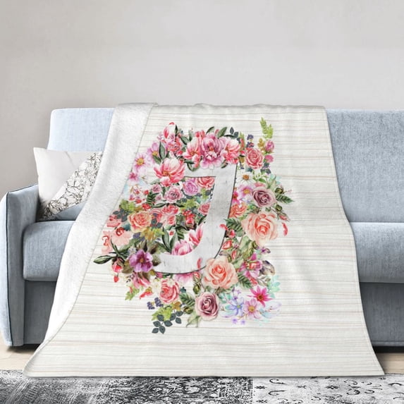 Wijzvio Letter J Flower Graphic Throw Blanket Soft Fuzzy Fleece Blanket For Couch Bed Living Room Decoration 80"X60"