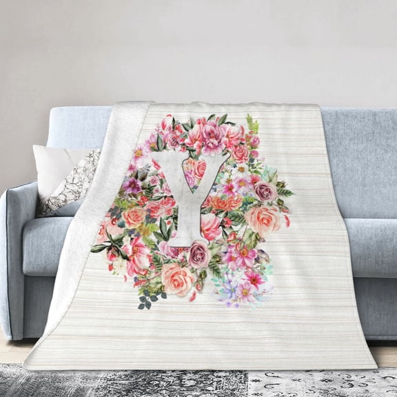 Wijzvio Letter Y Flower Graphic Throw Blanket Soft Fuzzy Fleece Blanket For Couch Bed Living Room Decoration 60"X50"