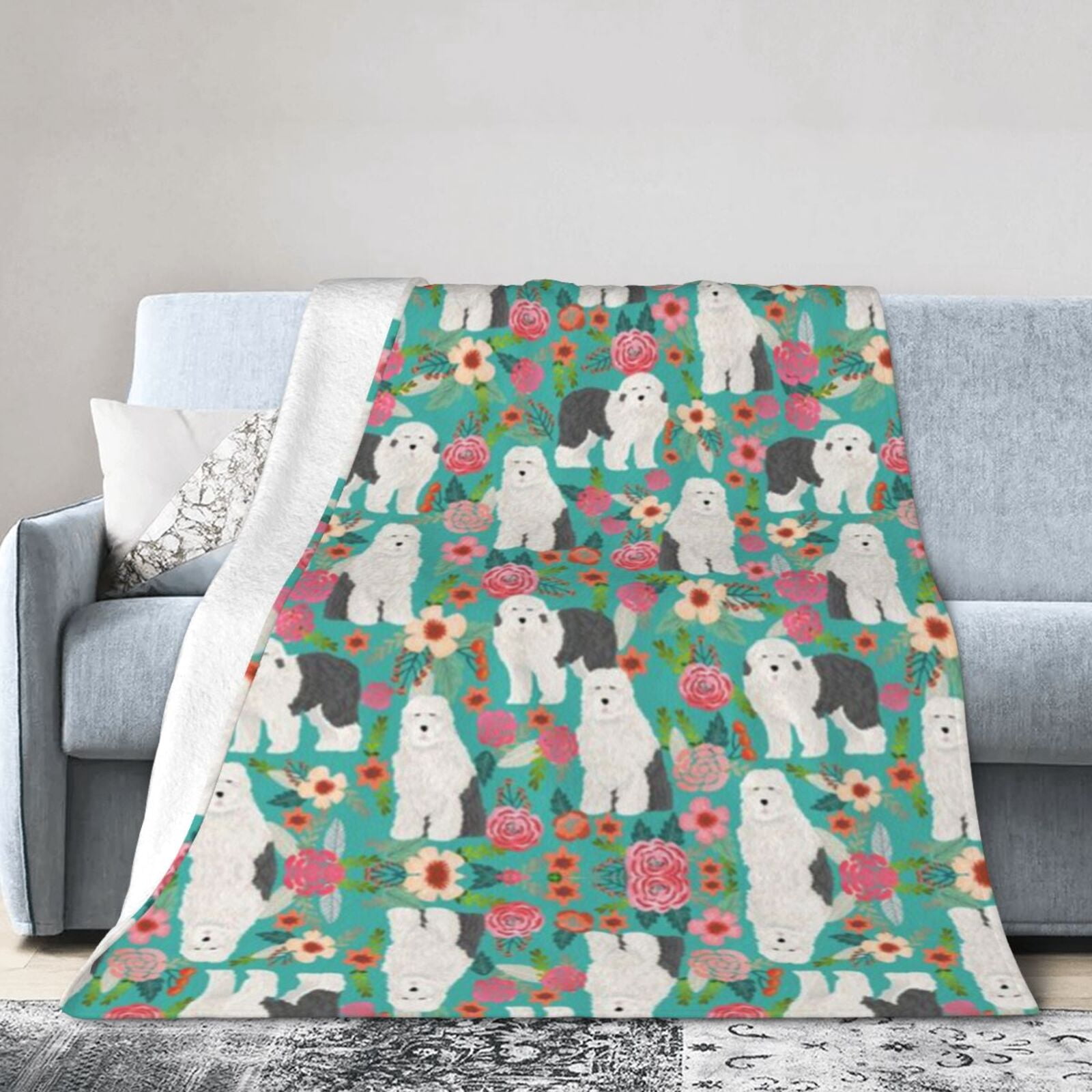 Wijzvio Old English Sheepdog Dogs Lovers Flower Floral Throw Blanket Soft Fuzzy Fleece Blanket For Couch Bed Living Room Decoration 50"X40"