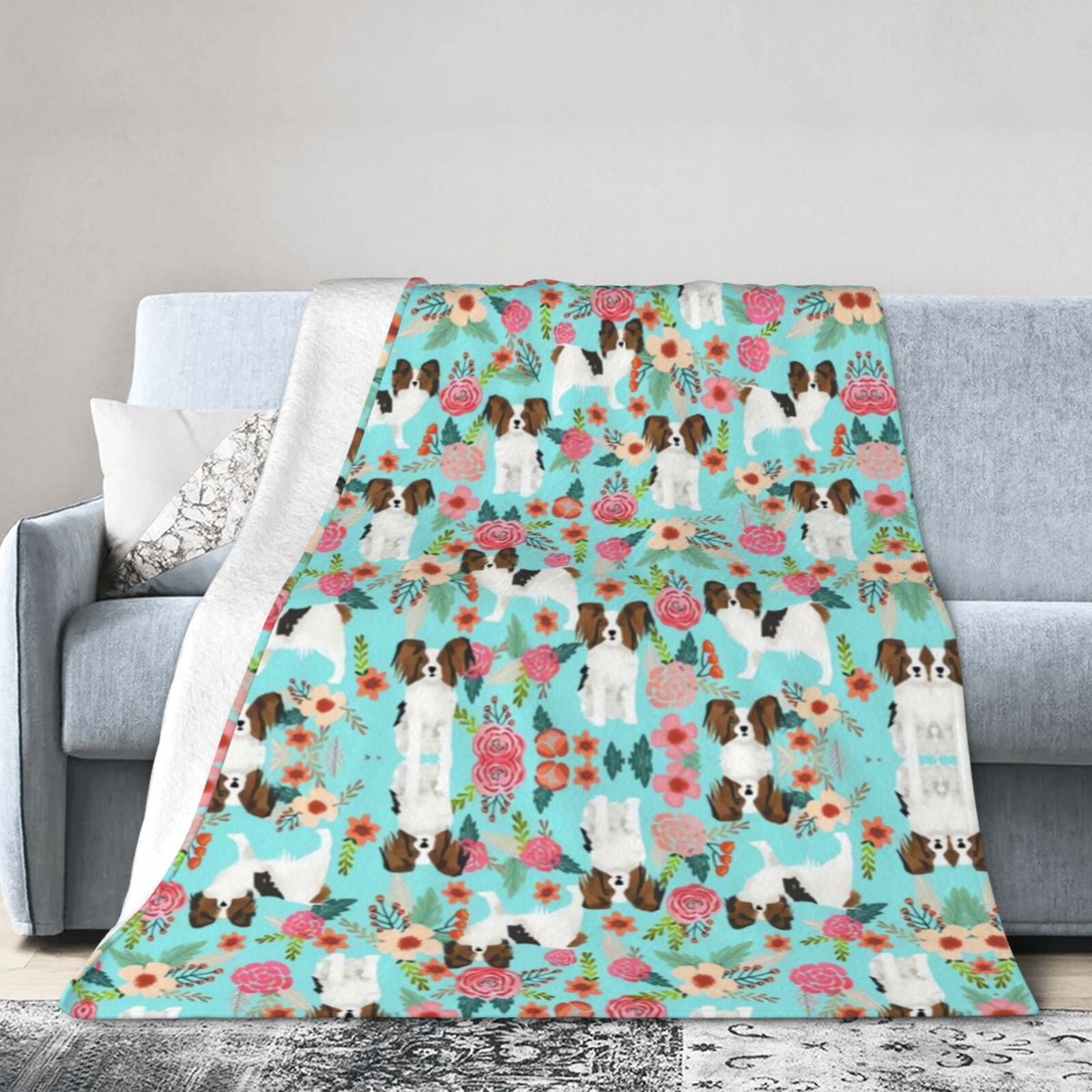 Wijzvio Papillon Dogs Lovers Flower Floral Throw Blanket Soft Fuzzy Fleece Blanket For Couch Bed Living Room Decoration 60"X50"