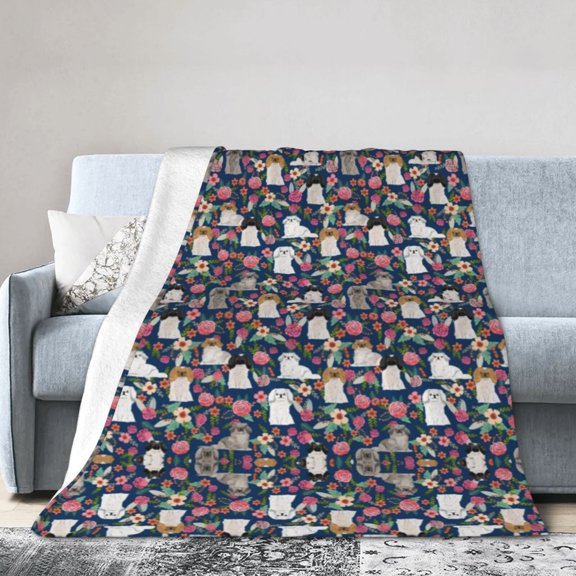 Wijzvio Pekingese Florals Dog Throw Blanket Soft Fuzzy Fleece Blanket For Couch Bed Living Room Decoration 40"X30"