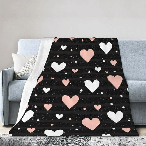 Wijzvio Pink White Heart Throw Blanket Soft Fuzzy Fleece Blanket For Couch Bed Living Room Decoration 50"X40"