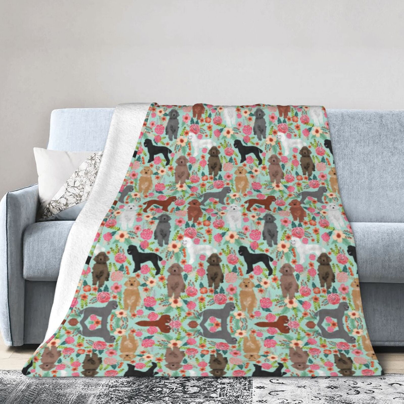 Wijzvio Poodle Dogs Flower Floral Throw Blanket Soft Fuzzy Fleece Blanket For Couch Bed Living Room Decoration 60"X50"