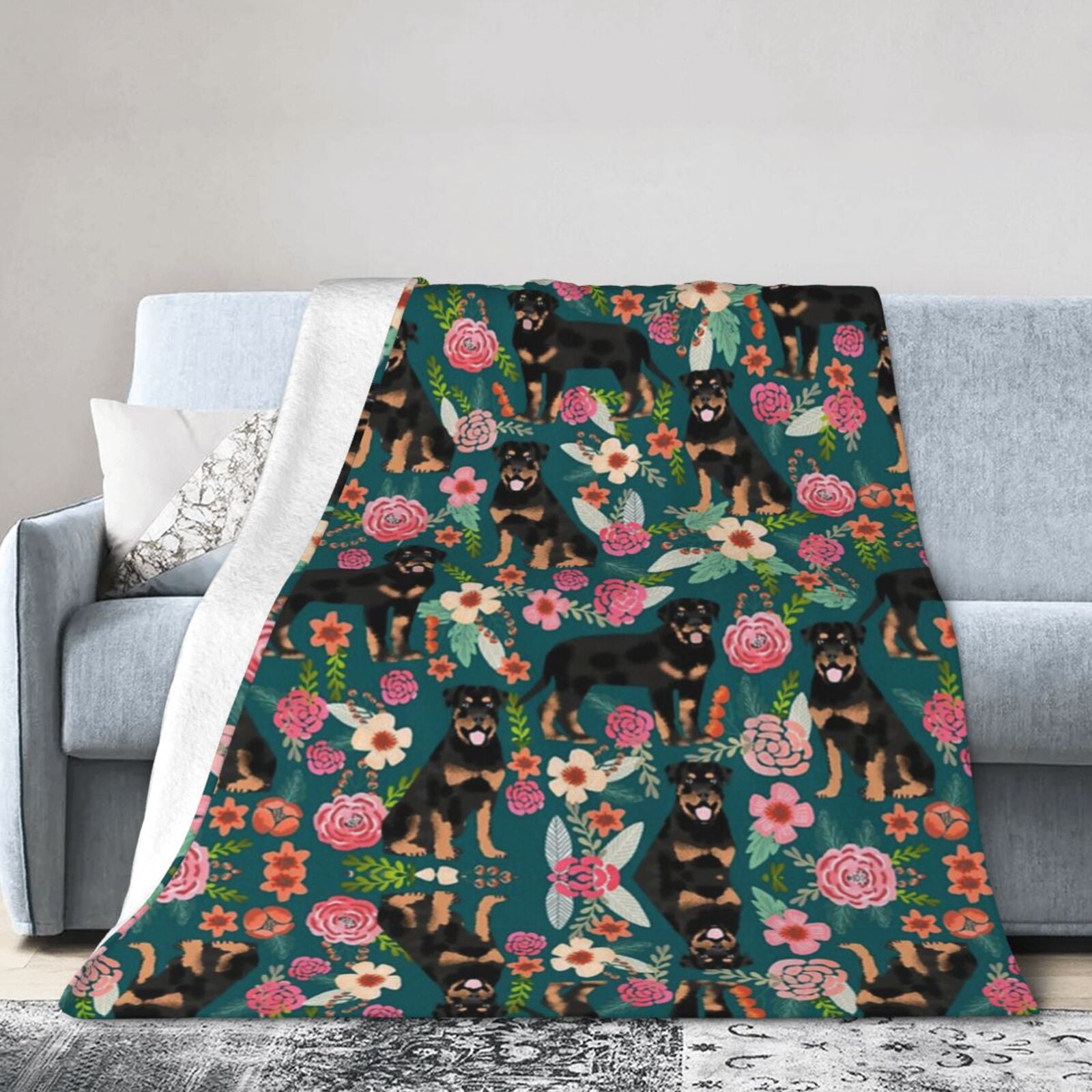 Wijzvio Rottweiler Floral Dog Throw Blanket Soft Fuzzy Fleece Blanket For Couch Bed Living Room Decoration 60"X50"