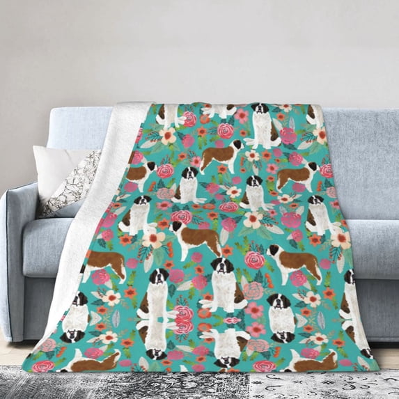 Wijzvio Saint Bernard Dogs Lovers Flower Floral Throw Blanket Soft Fuzzy Fleece Blanket For Couch Bed Living Room Decoration 40"X30"