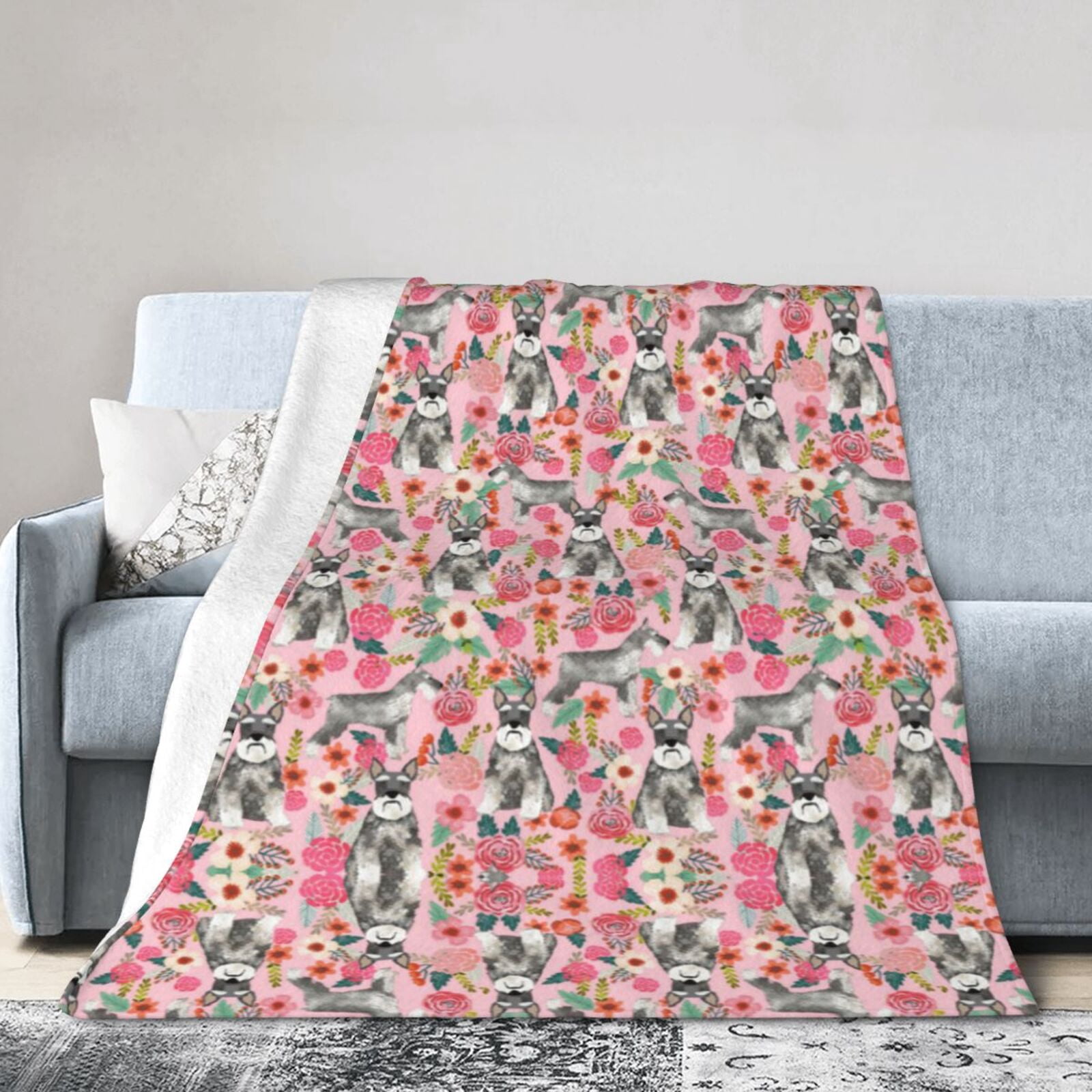 Wijzvio Schnauzer Dogs Flower Floral Throw Blanket Soft Fuzzy Fleece Blanket For Couch Bed Living Room Decoration 60"X50"
