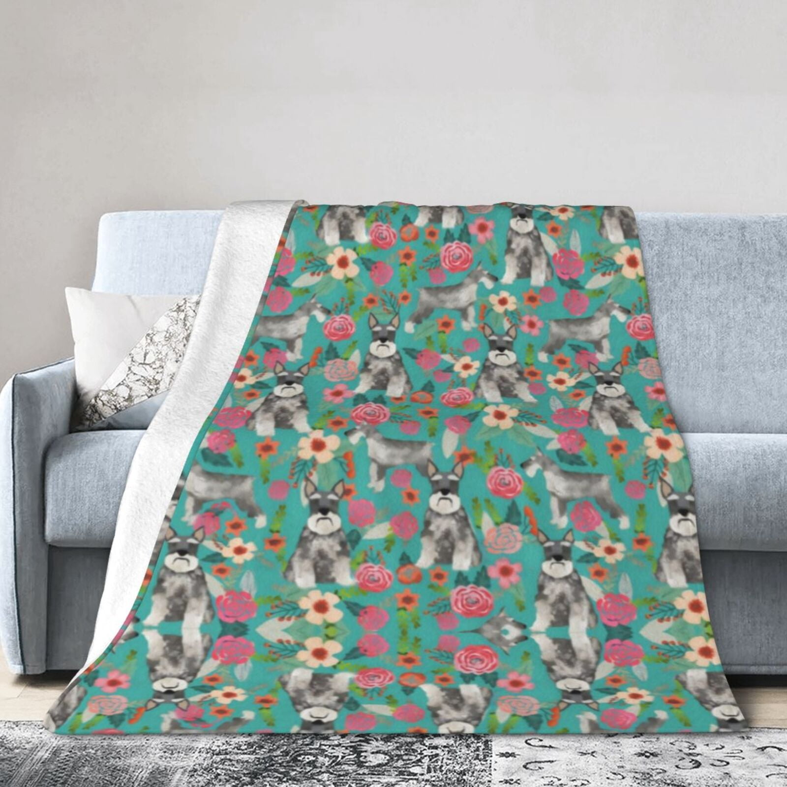 Wijzvio Schnauzer Dogs Lovers Flower Floral Throw Blanket Soft Fuzzy Fleece Blanket For Couch Bed Living Room Decoration 60"X50"