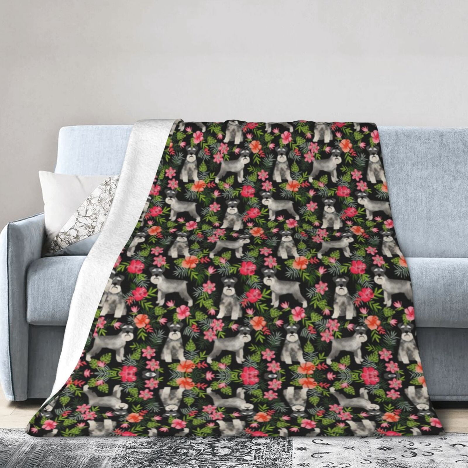 Wijzvio Schnauzer Floral Dog Throw Blanket Soft Fuzzy Fleece Blanket For Couch Bed Living Room Decoration 60"X50"