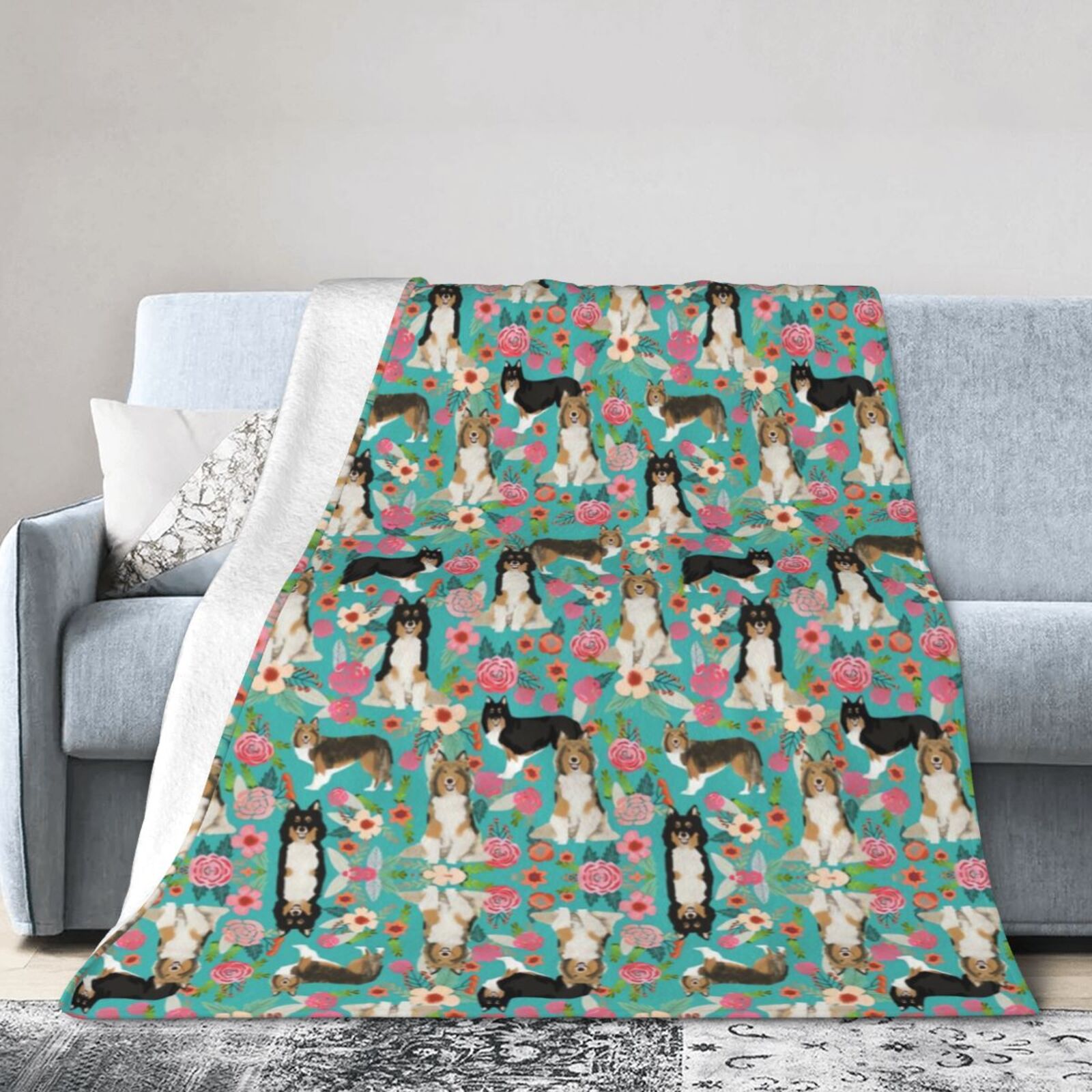 Wijzvio Sheltie Dog Green Flower Floral Throw Blanket Soft Fuzzy Fleece Blanket For Couch Bed Living Room Decoration 50"X40"