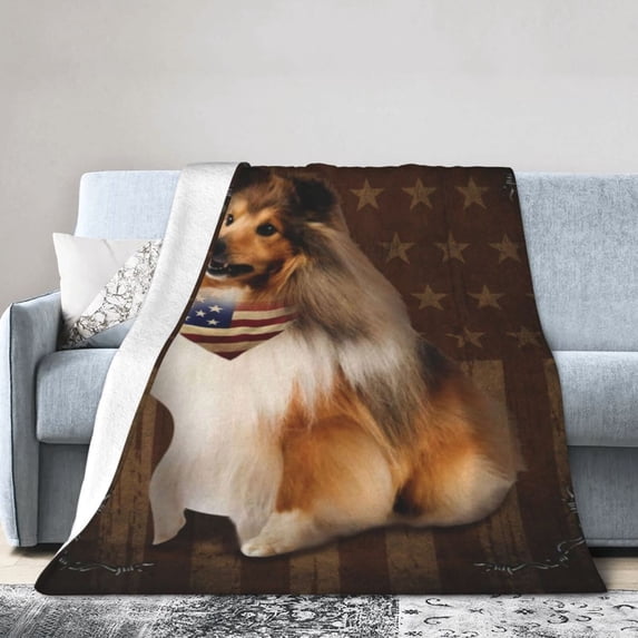 Wijzvio Sheltie Dog With Vintage American Flag Throw Blanket Soft Fuzzy Fleece Blanket For Couch Bed Living Room Decoration 60"X50"