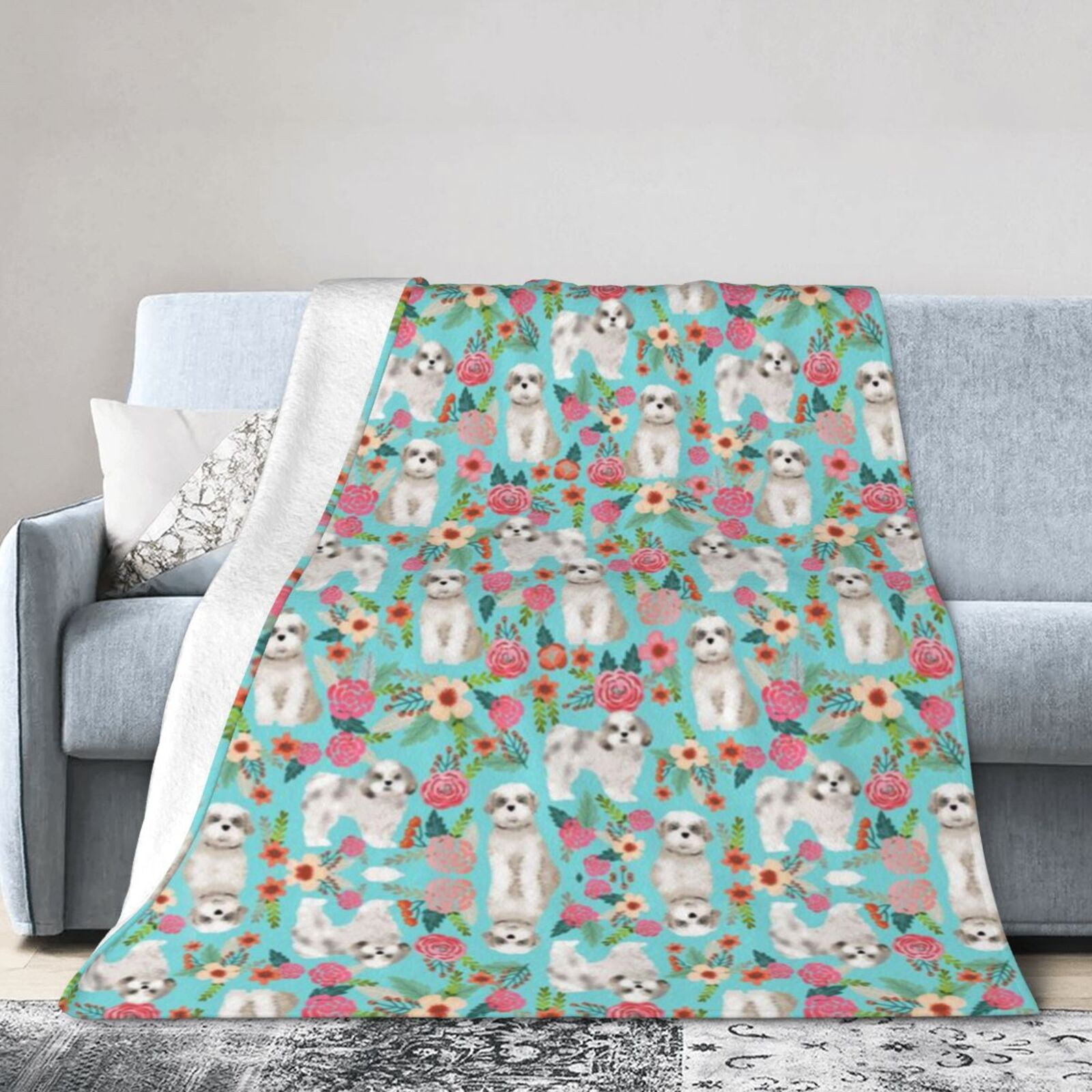 Wijzvio Shih Tzu Dogs Lovers Flower Floral Throw Blanket Soft Fuzzy Fleece Blanket For Couch Bed Living Room Decoration 50"X40"