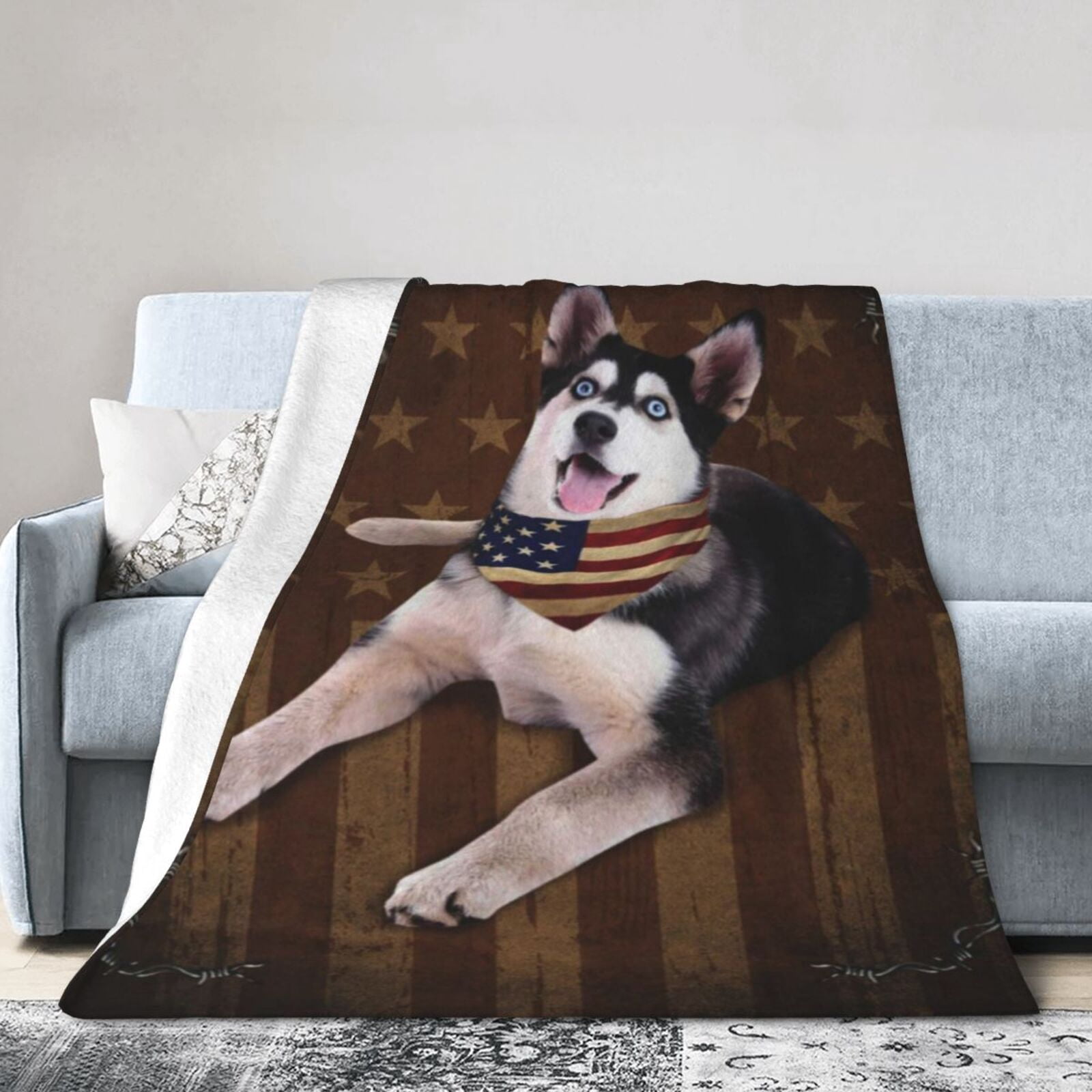 Wijzvio Siberian Husky Dog With Vintage American Flag Throw Blanket Soft Fuzzy Fleece Blanket For Couch Bed Living Room Decoration 60"X50"