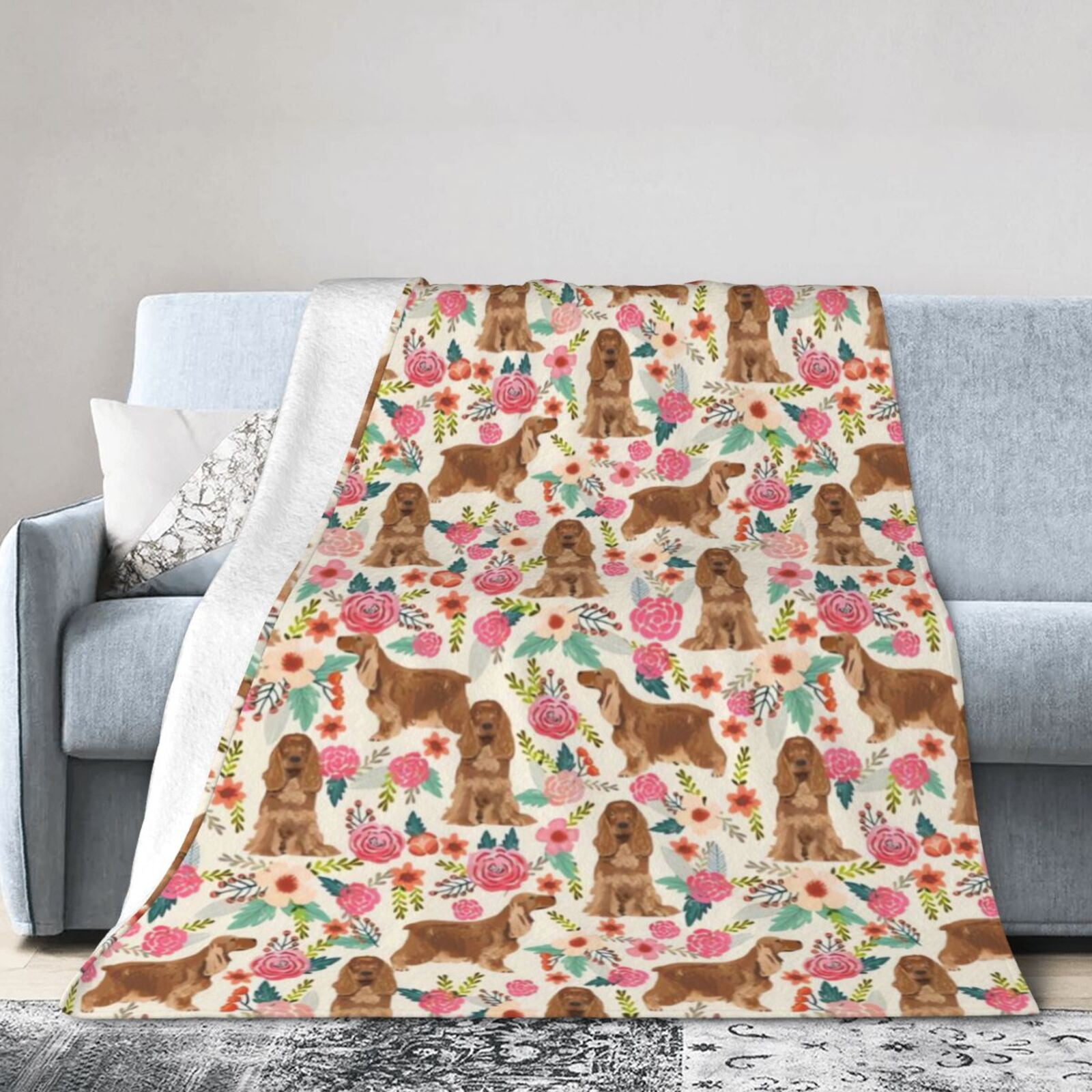 Wijzvio Spaniel Dogs Lovers Flower Floral Throw Blanket Soft Fuzzy Fleece Blanket For Couch Bed Living Room Decoration 80"X60"