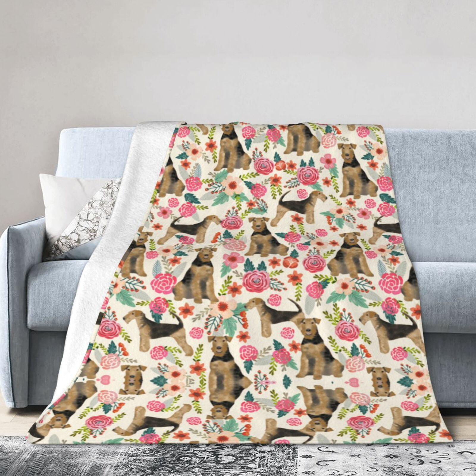Wijzvio Terrier Dogs Lovers Flower Floral Throw Blanket Soft Fuzzy Fleece Blanket For Couch Bed Living Room Decoration 50"X40"