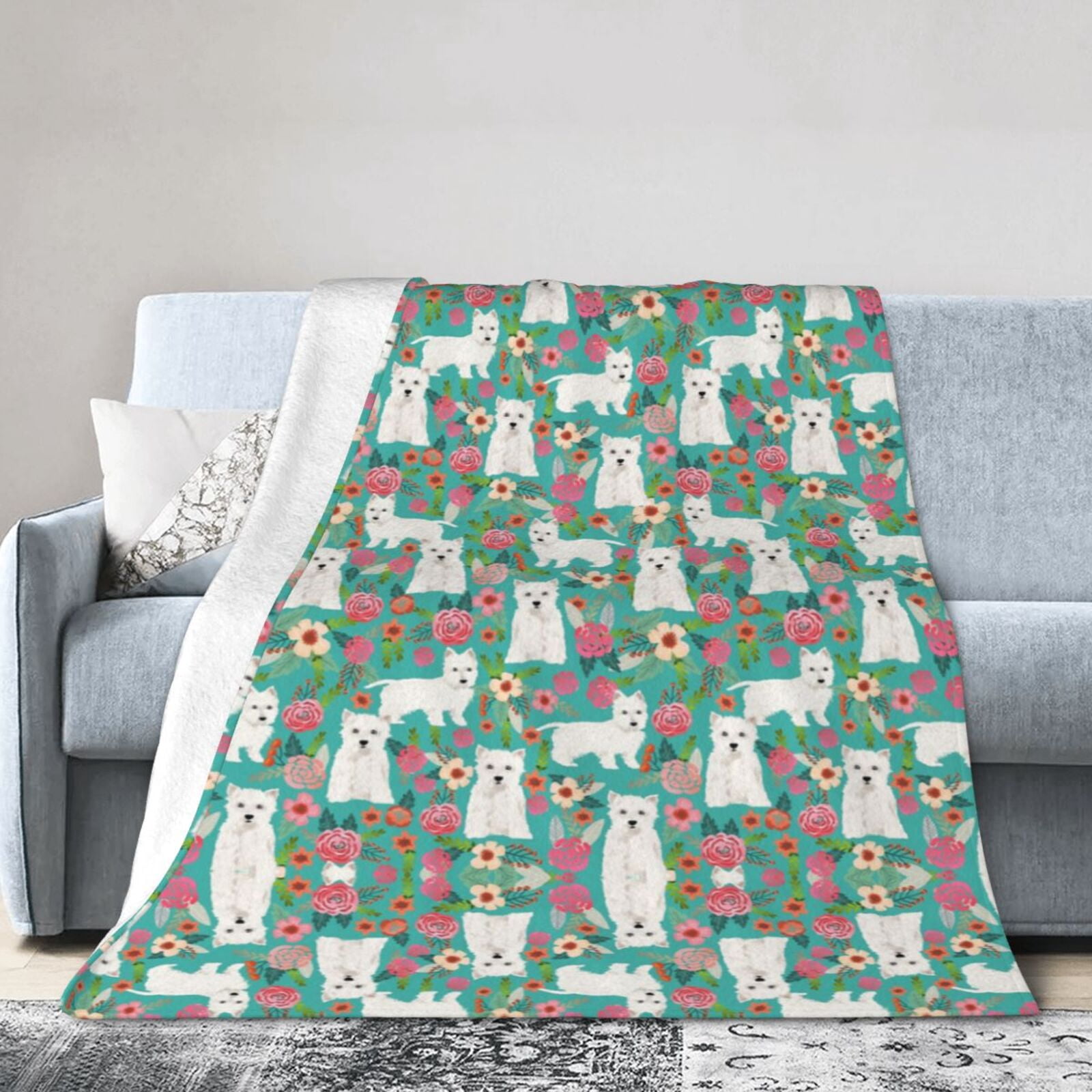 Wijzvio Westie Dog Flower Florals Throw Blanket Soft Fuzzy Fleece Blanket For Couch Bed Living Room Decoration 60"X50"