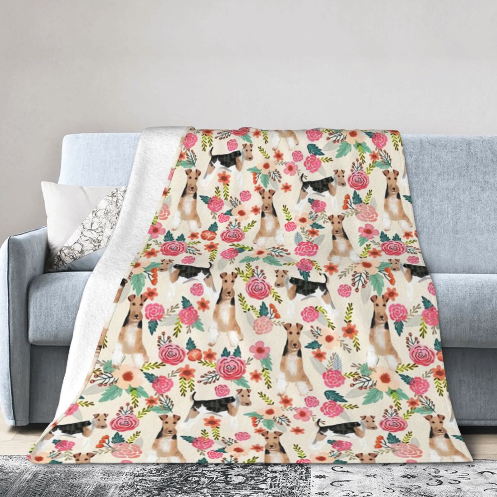 Wijzvio Wire Fox Terrier Dogs Lovers Flower Floral Throw Blanket Soft Fuzzy Fleece Blanket For Couch Bed Living Room Decoration 60"X50"