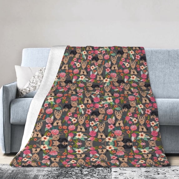 Wijzvio Yogorkshire Terrier Florals Dog Throw Blanket Soft Fuzzy Fleece Blanket For Couch Bed Living Room Decoration 80"X60"