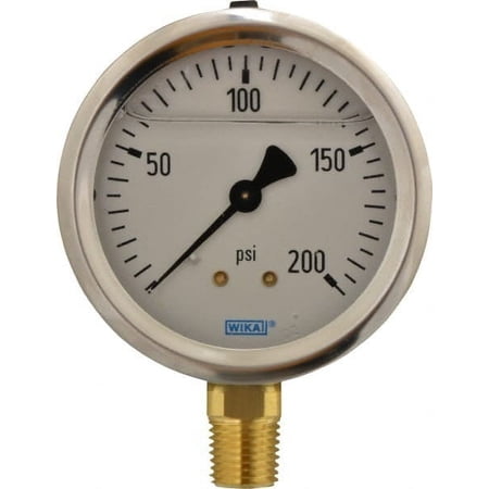 Wika 2-1/2" Dial, 1/4 Thread, 0-200 Scale Range, Pressure Gauge Lower Connection Mount, Accurate to 1.5% of Scale