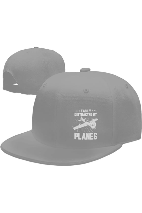 Wikjxiz Easily Distracted by Airplanes Hats for Men Women Adjustable Flat Bill Brim Trucker Hats Hip Hop Baseball Cap Black