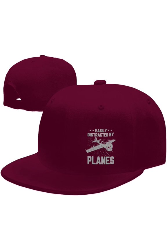 Wikjxiz Easily Distracted by Airplanes Hats for Men Women Adjustable Flat Bill Brim Trucker Hats Hip Hop Baseball Cap Black