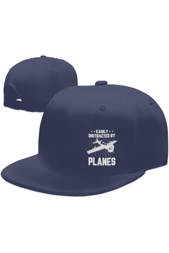 Wikjxiz Easily Distracted by Airplanes Hats for Men Women Adjustable Flat Bill Brim Trucker Hats Hip Hop Baseball Cap Black