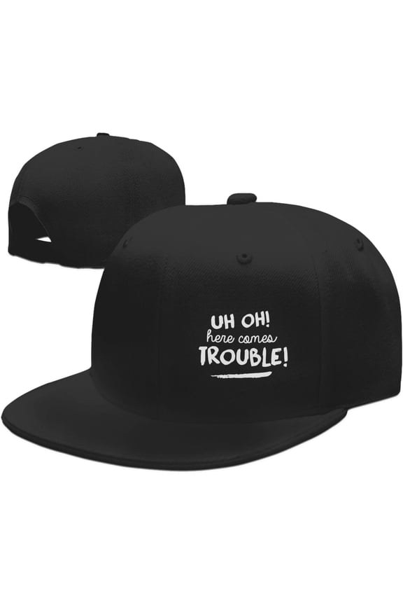 Wikjxiz Uh Oh Here Comes Trouble Hats for Men Women Adjustable Flat Bill Brim Dad Hats Fashion Baseball Cap Black