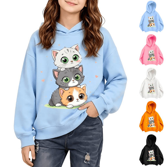 Wilak Girls Cats Printed Hoodies Sweatshirts Cute Casual Long Sleeve Pullover Kids Fall Tops Blue 3T