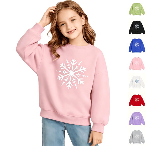 Wilak Girls Snowflake Print Sweatshirts Casual Cotton Long Sleeve Pullover Kids Fall Winter Tops Pink 12T