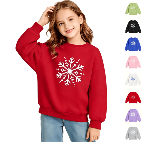 Wilak Girls Snowflake Print Sweatshirts Size 8, Casual Cotton Long Sleeve Pullover Kids Fall Winter Tops Red