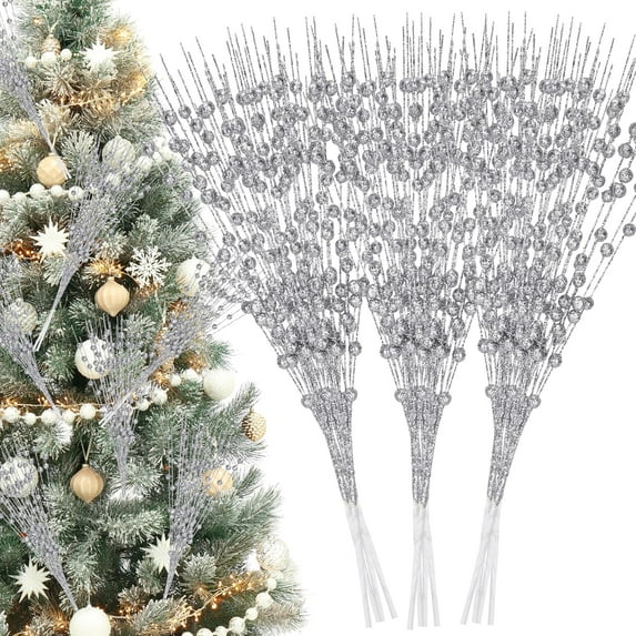 Wiland 45pcs Artificial Glitter Berry Stem Ornaments, Decorative Bead Sticks, Glittery Twigs, Picks, Branches for Christmas Tree, Small Vase, Holiday, Wedding, Party (13 Inches)