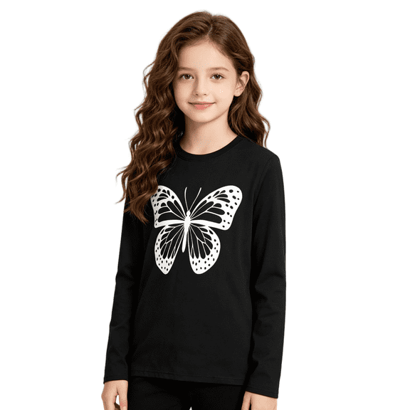 Wilark Gilrs Graphic Tee with Long Sleeves Size 12-13 Years, Crew Neck Casual Butterfly Cute Fall Tops for Girls Black