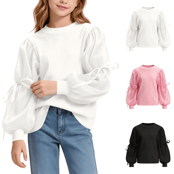 Wilark Girls Blouses with Mesh Puff Sleeve Cute Pullover Crew Neck Casual Kids Fall Tops White 5T