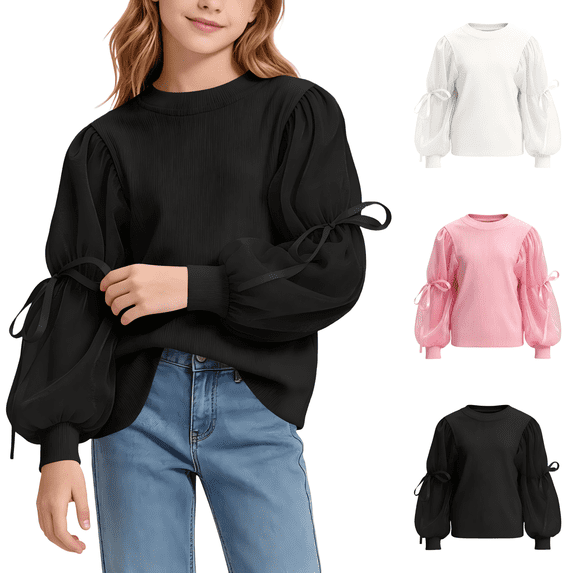 Wilark Girls Blouses with Mesh Puff Sleeve Pullover Cute Casual Crew Neck Kids Fall Tops Black 6T