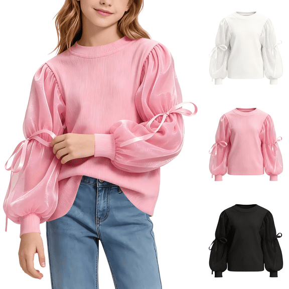 Wilark Girls Blouses with Mesh Puff Sleeve Size 8, Crew Neck Pullover Casual Cute Kids Fall Tops Pink