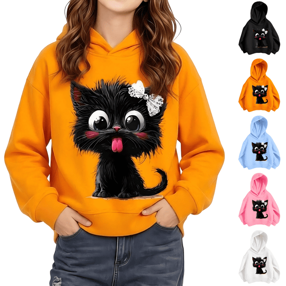 Wilark Girls Cat Graphic Hoodies Fall Pullover Long Sleeve Casual Kids Hooded Sweatshirts Orange 3