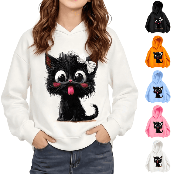 Wilark Girls Cat Graphic Hoodies Fall Pullover Long Sleeve Casual Kids Hooded Sweatshirts White 3