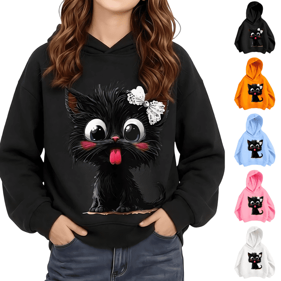 Wilark Girls Cat Graphic Hoodies Pullover Long Sleeve Casual Fall Kids Hooded Sweatshirts Black 2