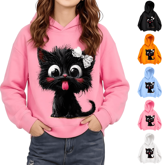 Wilark Girls Cat Graphic Hoodies Size 2-8, Fall Casual Pullover Long Sleeve Kids Hooded Sweatshirts Pink