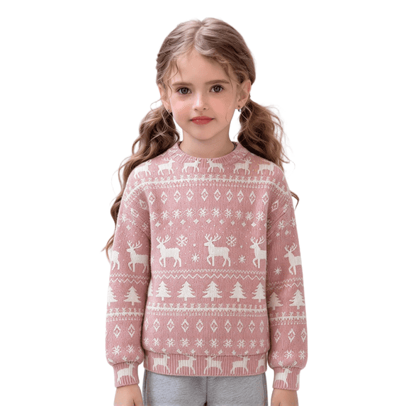 Wilark Girls Christmas Sweater Long Sleeve Cute Pullover Crew Neck Kids Festival Tops Pink 9-10 Years