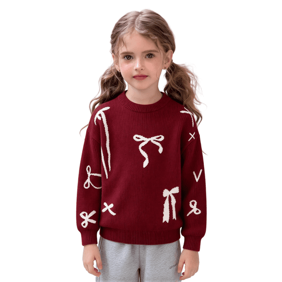 Wilark Girls Christmas Sweater Pullover Cute Crew Neck Long Sleeve Kids Festival Tops Wine 13-14 Years