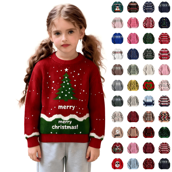 Wilark Girls Christmas Sweater Size 7-8 Years, Long Sleeve Knitted Pullover Crew Neck Kids Festival Tops