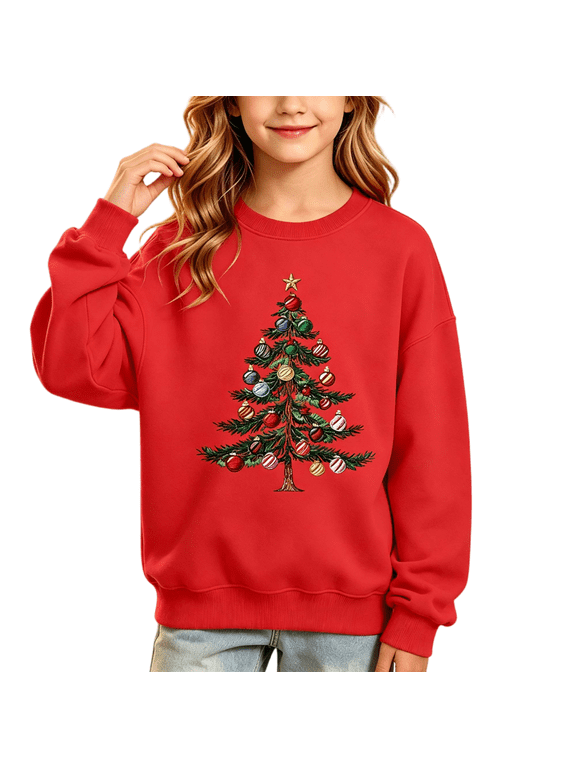 Girls Christmas Sweatshirts Size 3-14, Long Sleeve Pullover Crew Neck Fleece Warm Kids Festival Tops Red