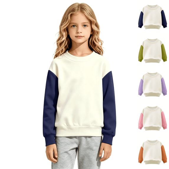 Wilark Girls Color Block Sweatshirts Crew Neck Lightweight Casual Long Sleeve Kids Spring Fall Tops Navy 2